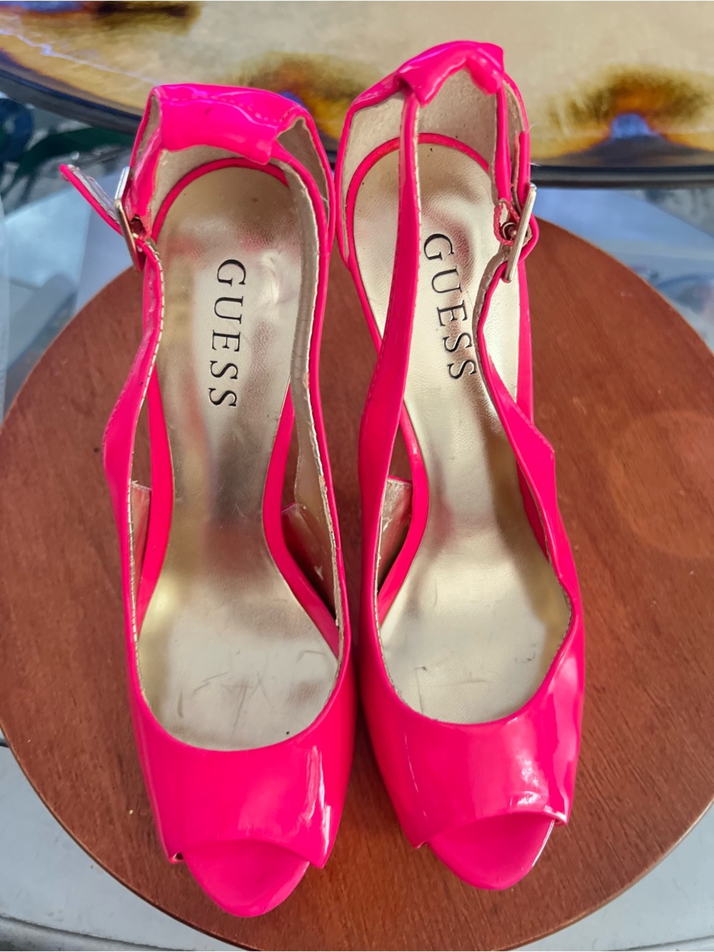GUESS Hot Pink Patent Peep-Toe Slingback Heels